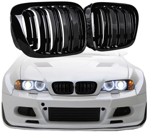 Καρδιές Μάσκας Για Bmw 3 E46 99-03 Coupe/Cabrio M4 Look Με Διπλή Γρίλια Μαύρο Γυαλιστερό 2 Τεμάχια (CAR0018494)