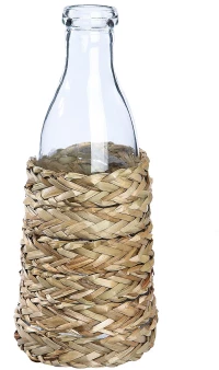 Βάζο Μπουκάλι Διάφανο/Φυσικό Γυαλί/Ψάθα 27cm