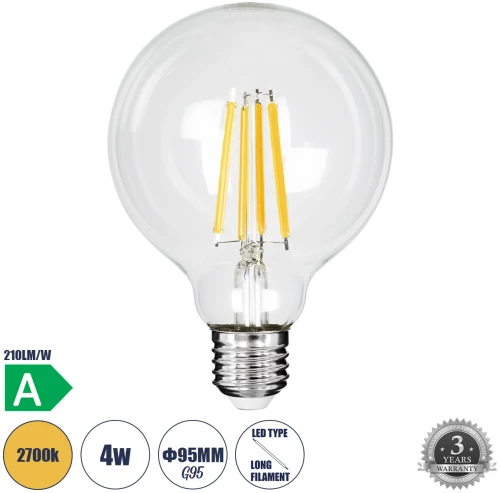 GloboStar® 99084 Λάμπα LED Long Filament E27 G95 Γλόμπος 4W 840lm 360° AC 220-240V IP20 Φ9.5 x Υ13.8cm Θερμό Λευκό 2700K με Διάφανο Γυαλί - Pro Series 210lm/W - A Ενεργειακή Κλάση -