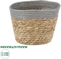 GloboStar® Artificial Garden ANTIPAROS 20288 Διακοσμητικό Πλεκτό Καλάθι - Κασπώ Γλάστρα - Flower Pot Μπεζ με Γκρι Φ18cm x Υ15cm