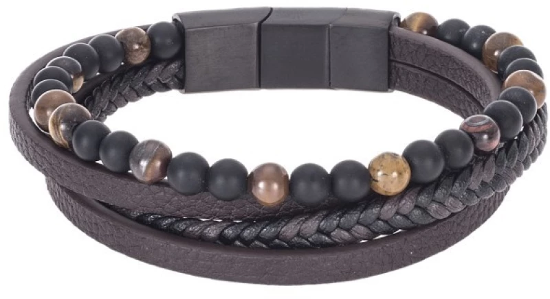 Βραχιόλι Senza Men`s Steel Black και  Brown Leather Strap SSD4975BKBN