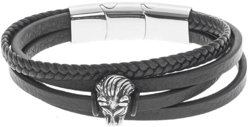 Βραχιόλι Senza Men`s Steel Black Leather Strap with Lion SSD5129BK