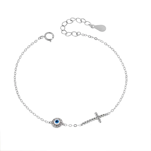 Βραχιόλι Senza Silver 925, ματάκι λευκό και  γαλάζιο με σμάλτο και σταυρός με ζιργκόν SSR3273SWH