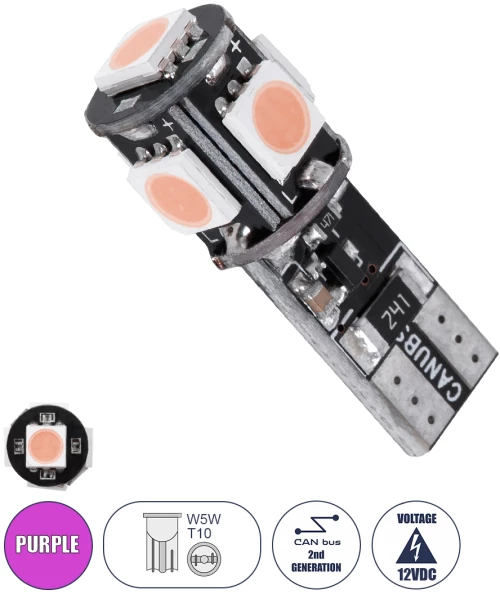 GloboStar® 81095 Λάμπα Αυτοκίνητου LED T10 W5W 2rd Generation Can-Bus Series 5xSMD5050 2.30W 240lm 360° DC 12-16V IP20 Φ1.1 x Υ2.7cm Ροζ