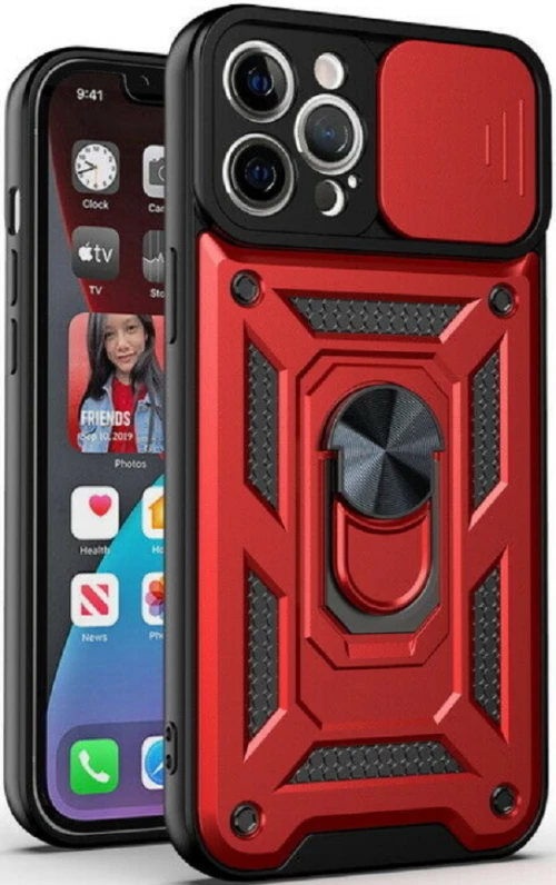 Bodycell Armor Slide - Ανθεκτική Θήκη Apple iPhone 13 Pro Max με Κάλυμμα για την Κάμερα & Μεταλλικό Ring Holder - Red (5206015003547)