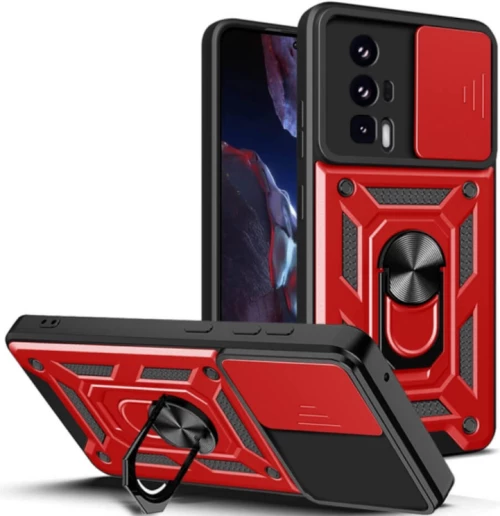 Bodycell Armor Slide - Ανθεκτική Θήκη Xiaomi Poco F5 Pro με Κάλυμμα για την Κάμερα & Μεταλλικό Ring Holder - Red (5206015022609)