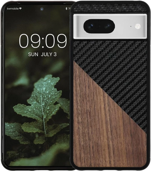 KWmobile Wood and Carbon Fiber - Σκληρή Ξύλινη Θήκη με TPU Bumper και Ανθρακονήματα - Google Pixel 8 - Walnut / Dark Brown / Black (61873.01)