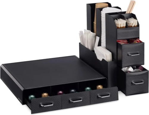 Navaris Coffee Accessory Organizer with Capsule Stand - Σετ Βάση για Καφετιέρα με 3 Συρτάρια για 48 Κάψουλες Nespresso & Βάση Οργάνωσης και Αποθήκευσης Αναλώσιμων Καφέ και Τσάι με 2 Συρτάρια - Black (60824.01)