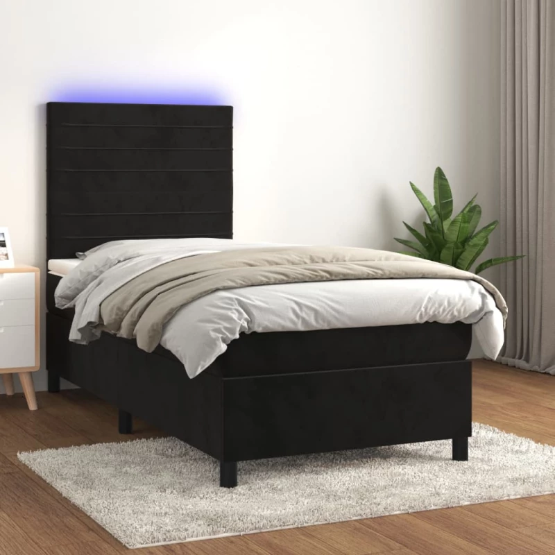 Κρεβάτι Boxspring με Στρώμα & LED Μαύρο 90x200 εκ. Βελούδινο Μαύρο 3136163