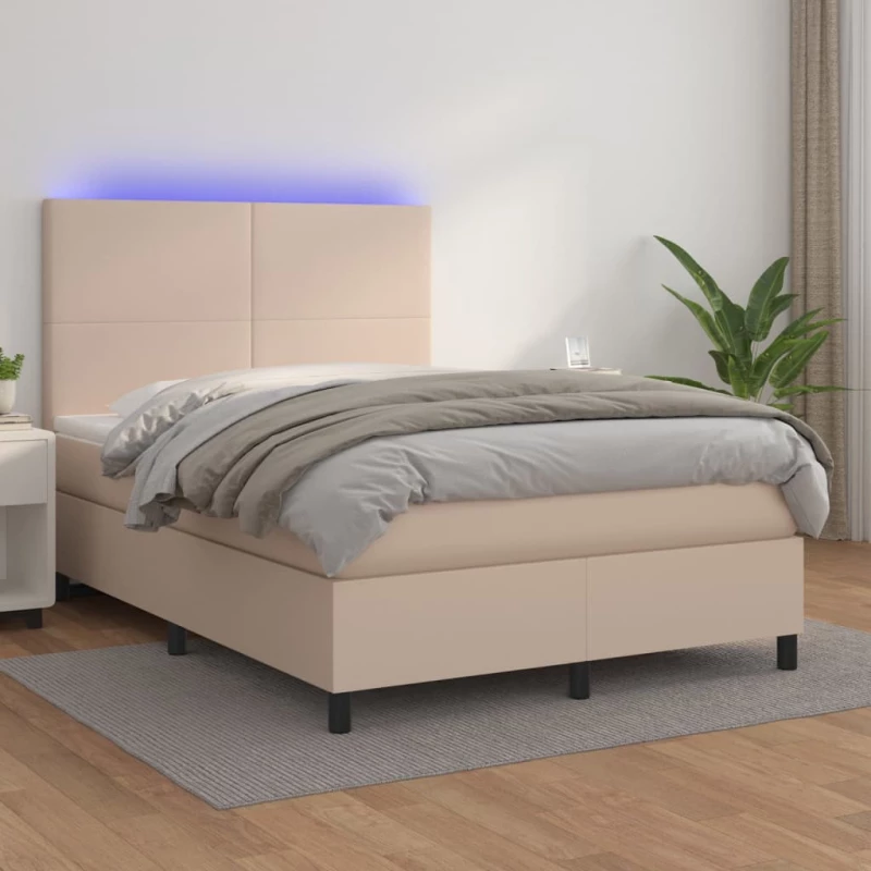 Κρεβάτι Boxspring Στρώμα&LED Καπουτσίνο 140x200 εκ. Συνθ. Δέρμα Καφέ 3135830