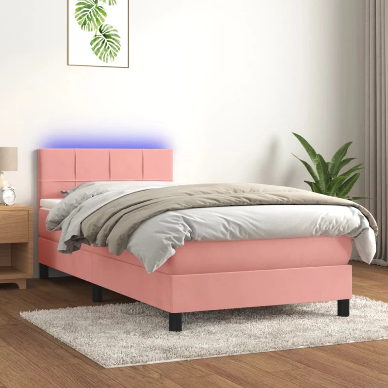 Κρεβάτι Boxspring με Στρώμα & LED Ροζ 90x190 εκ. Βελούδινο Ροζ 3134380