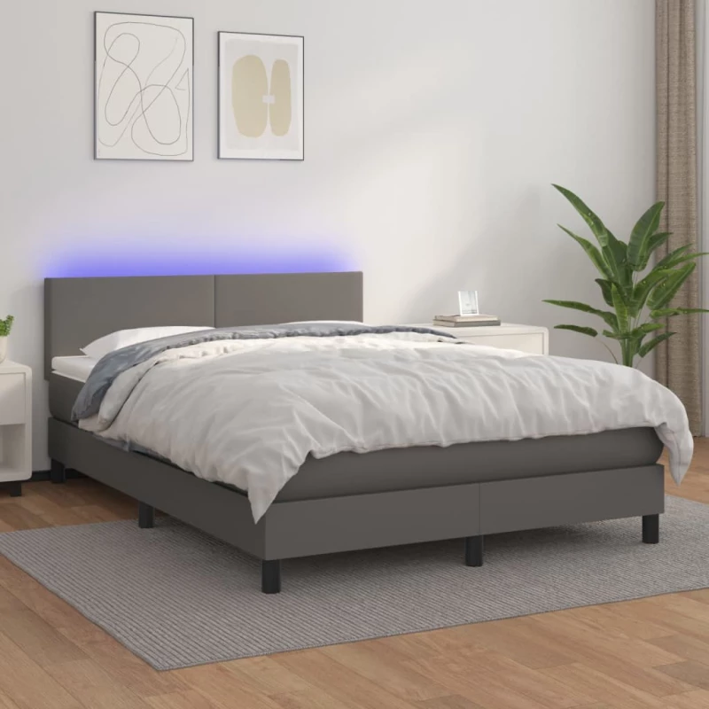 Κρεβάτι Boxspring με Στρώμα & LED Γκρι 140x200 εκ. Συνθ. Δέρμα Γκρι 3134109