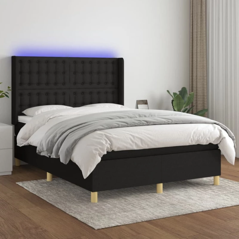Κρεβάτι Boxspring με Στρώμα & LED Μαύρο 140x190 εκ. Υφασμάτινο Μαύρο 3139191
