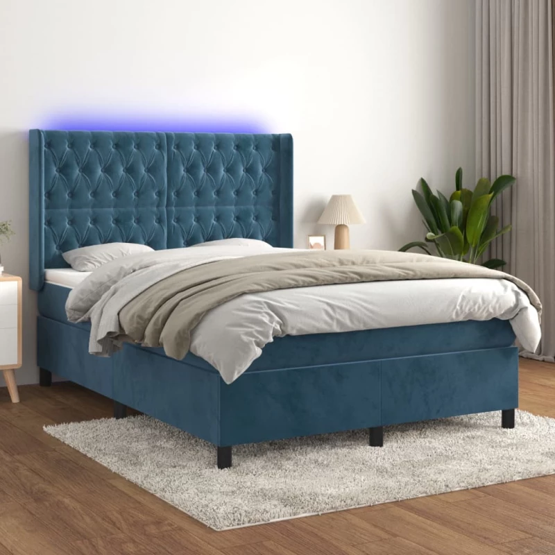Κρεβάτι Boxspring με Στρώμα & LED Σκ. Μπλε 140x190εκ. Βελούδινο Μπλε 3139743