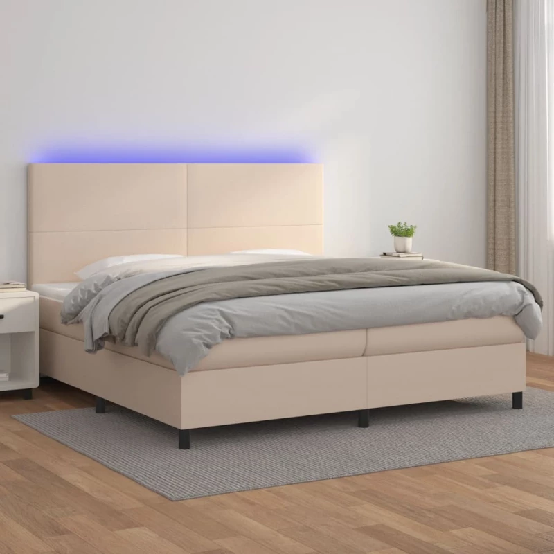 Κρεβάτι Boxspring Στρώμα&LED Καπουτσίνο 200x200 εκ. Συνθ. Δέρμα Καφέ 3135848