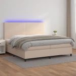 Κρεβάτι Boxspring Στρώμα&LED Καπουτσίνο 200x200 εκ. Συνθ. Δέρμα Καφέ 3135848