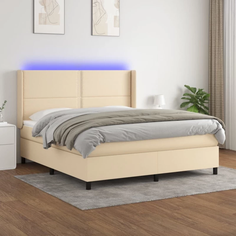 Κρεβάτι Boxspring με Στρώμα & LED Κρεμ 180x200 εκ. Υφασμάτινο Κρεμ 3138258