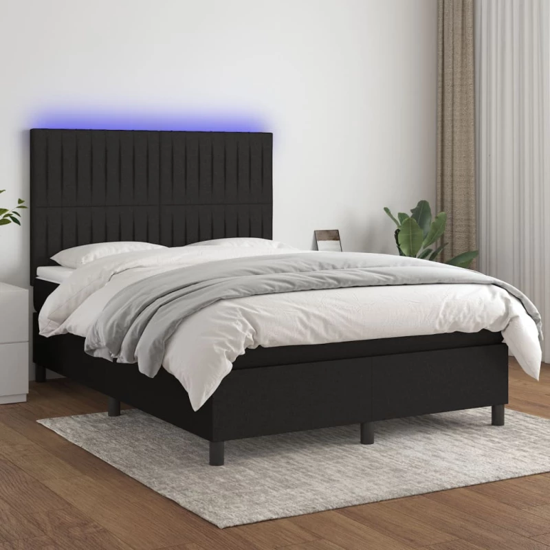 Κρεβάτι Boxspring με Στρώμα & LED Μαύρο 140x190 εκ. Υφασμάτινο Μαύρο 3135031