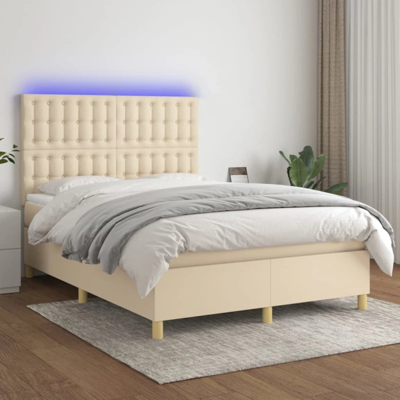 Κρεβάτι Boxspring με Στρώμα & LED Κρεμ 140x190 εκ. Υφασμάτινο Κρεμ 3135754