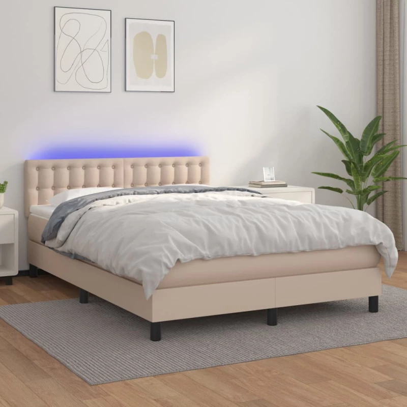 Κρεβάτι Boxspring Στρώμα&LED Καπουτσίνο 140x200 εκ. Συνθ. Δέρμα Καφέ 3134230