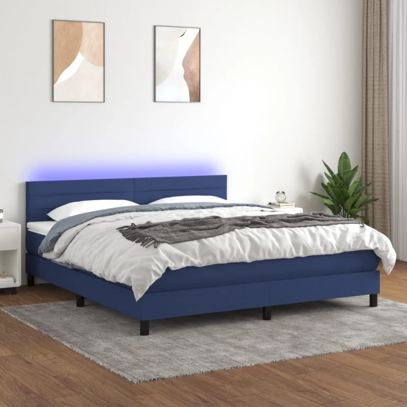 Κρεβάτι Boxspring με Στρώμα & LED Μπλε 160x200 εκ. Υφασμάτινο Μπλε 3133251