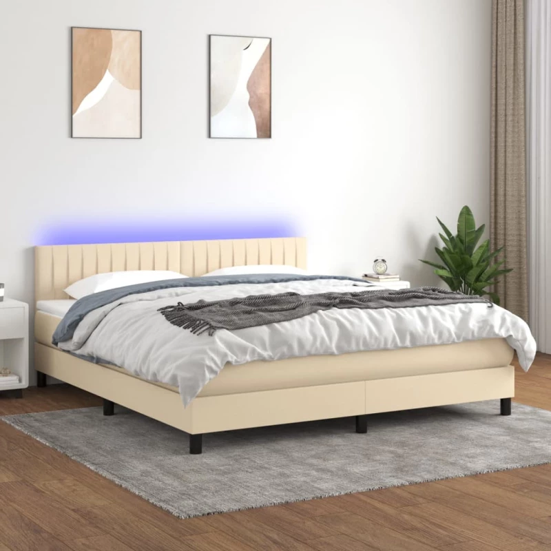 Κρεβάτι Boxspring με Στρώμα & LED Κρεμ 160x200 εκ. Υφασμάτινο Κρεμ 3133330