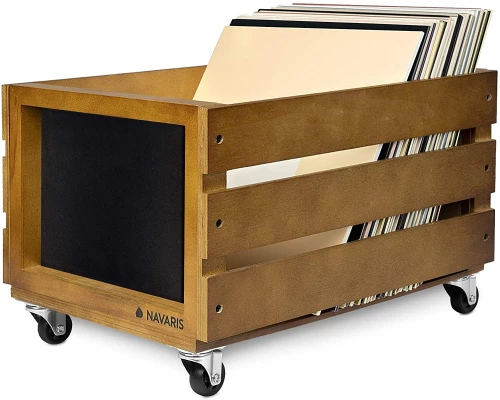 Navaris Wooden Record Box with Chalkboard - Ξύλινο Κουτί Αποθήκευσης με Ροδάκια και Μαυροπίνακα για Δίσκους Βινυλίου / LP - Dark Brown (53026.02.05)
