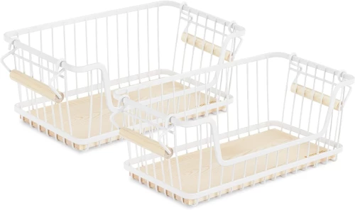 Navaris Wire Storage Stackable Baskets Set of 2 - Σετ με 2 Καλάθια Αποθήκευσης και Οργάνωσης για Κουζίνα / Μπάνιο από Μέταλλο & Ξύλο Πεύκου - 16.5 x 31 x 14 cm - White (55941.01)