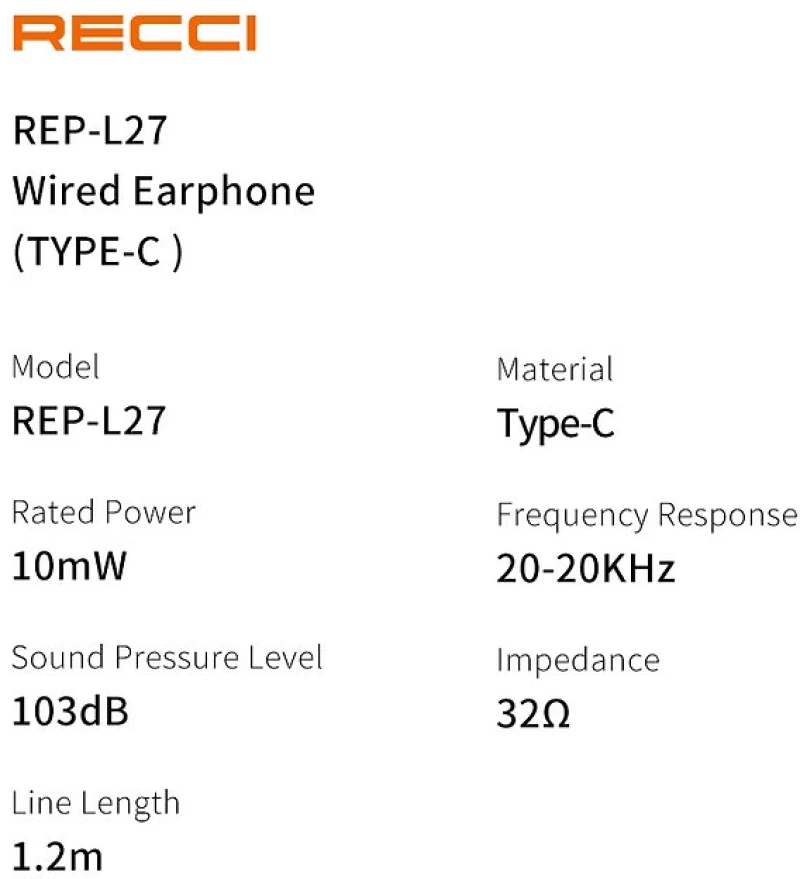 Recci REP-L27 - Ενσύρματα Handsfree Ακουστικά Type-C - White (6955482503744)