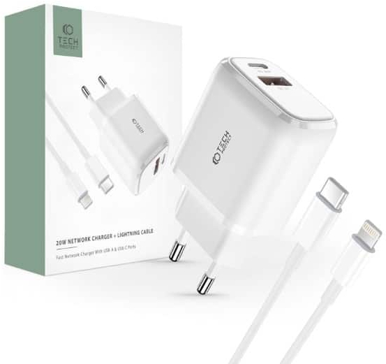 Tech-Protect® Φορτιστής με Θύρα USB-A και Θύρα USB-C και Καλώδιο Lightning 20W Power Delivery / Quick Charge 3.0 Λευκό