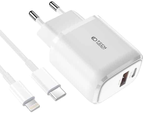 Tech-Protect® Φορτιστής με Θύρα USB-A και Θύρα USB-C και Καλώδιο Lightning 20W Power Delivery / Quick Charge 3.0 Λευκό