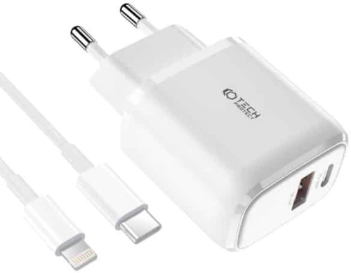 Tech-Protect® Φορτιστής με Θύρα USB-A και Θύρα USB-C και Καλώδιο Lightning 20W Power Delivery / Quick Charge 3.0 Λευκό