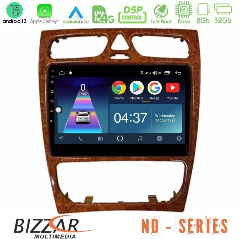 Bizzar ND Series 8Core Android13 2+32GB Mercedes C Class (W203) Navigation Multimedia Tablet 9" (Wooden Style) U-ND-MB0925W