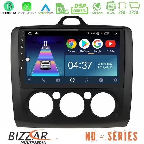 Bizzar ND Series 8Core Android13 2+32GB Ford Focus Manual AC Navigation Multimedia Tablet 9" (Μαύρο Χρώμα) U-ND-FD0041MB