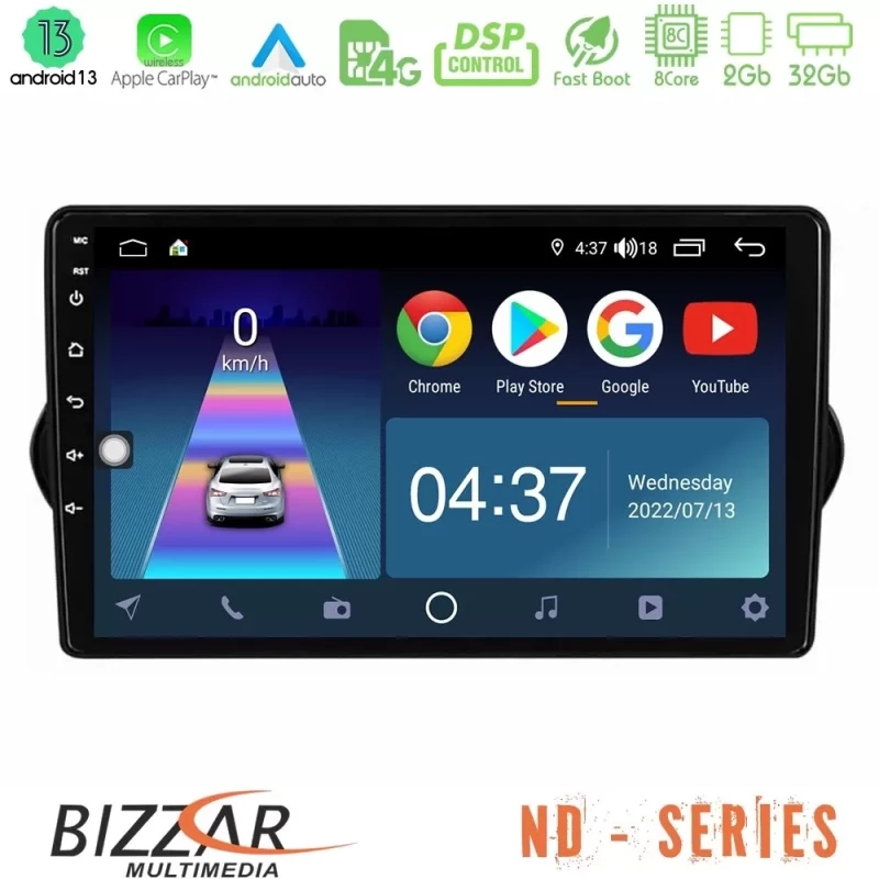 Bizzar ND Series 8Core Android13 2+32GB Fiat Tipo 2015-2022 (Sedan) Navigation Multimedia Tablet 9" U-ND-FT0802