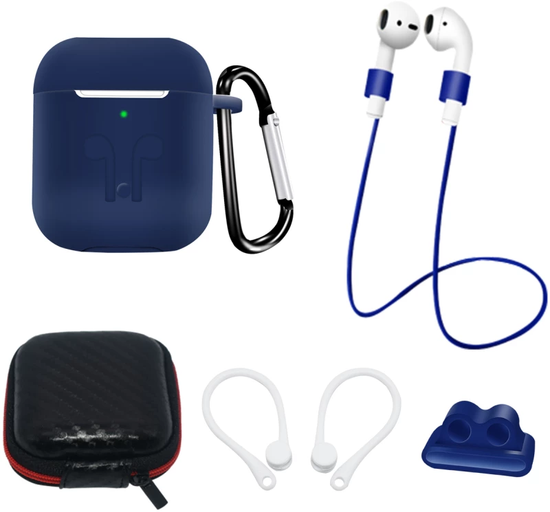 Silicone Case Set for AirPods 2 / AirPods 1 + Case / Ear Hook / Neck Strap / Watch Strap Holder / Carabiner | blue