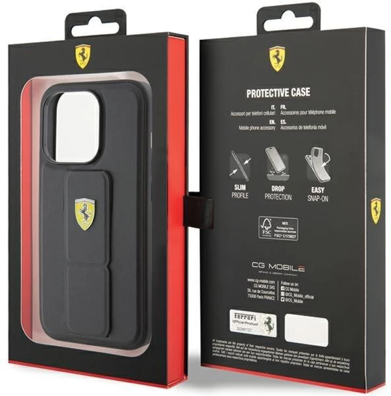 Ferrari Grip Stand Metal Logo case for iPhone 15 Pro - black