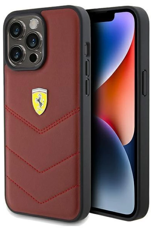 Ferrari Leather Stitched Lines case for iPhone 15 Pro Max - red