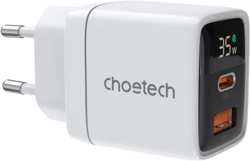 Choetech PD6052 USB-C USB-A PD 35W GaN wall charger with display - white