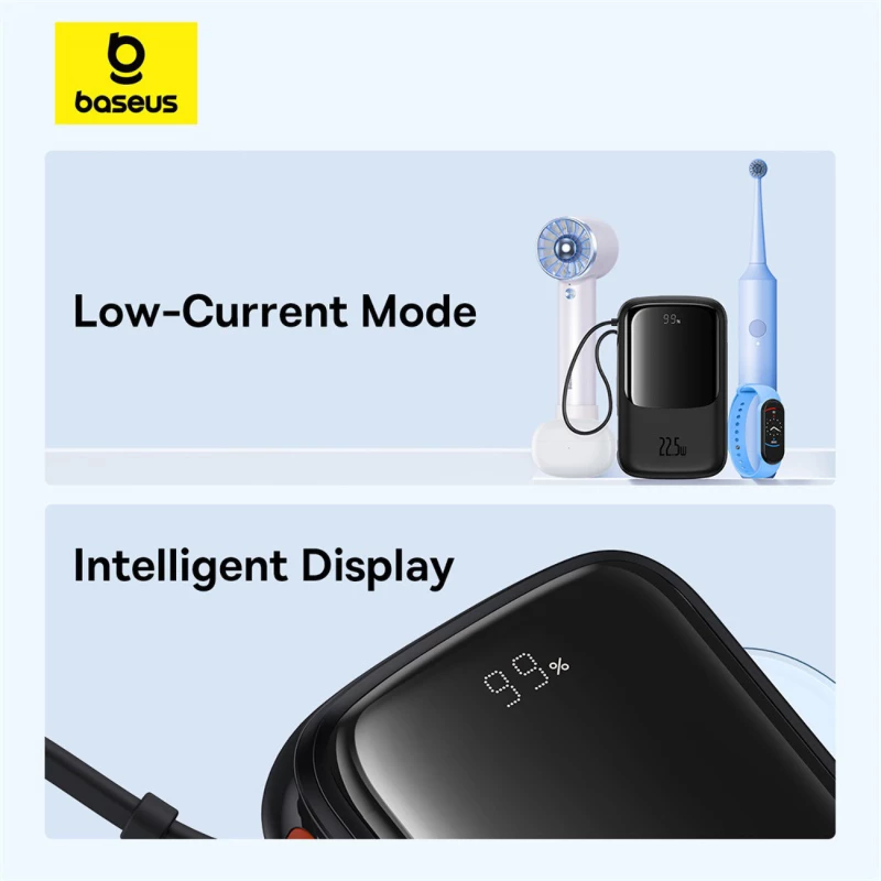 Baseus Qpow Pro+ 10000mAh 22.5W powerbank with built-in USB-C cable and display - black