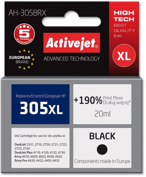 Activejet AH-305BRX ink for HP printer; HP 305XL 3YM62AE replacement; Premium; 20 ml; black