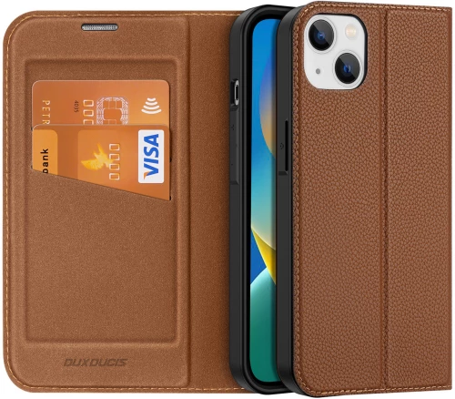 Dux Ducis Skin X2 case for iPhone 14 Plus case with magnetic flap brown