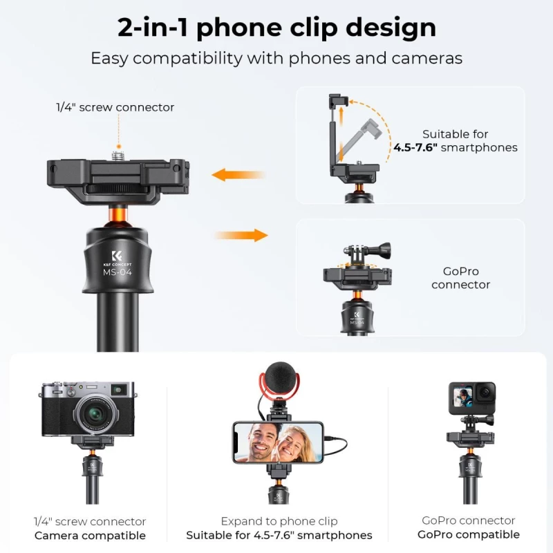 K&F Concept MS-04 Tripod For Cameras, Action Cameras, Phone with Bluetooth Remote Control (KF09.127)
