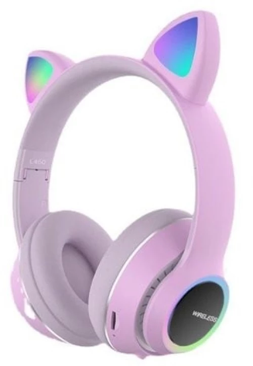 Bluetooth Ασύρματα & Ενσύρματα Ακουστικά Αυτιά Γάτας Αναδιπλούμενα με Πολύχρωμα Φώτα LED RGB - Μώβ L450