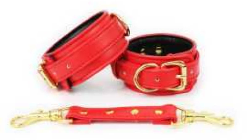 NAUGHTY TOYS sexy red with Gold snap-hook leather Wrist cuffs