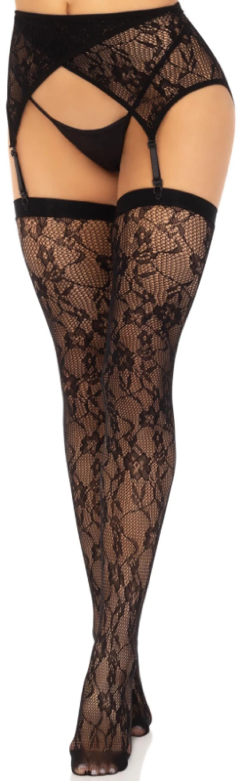 LEG AVENUE - LACE THIGH HIGHS & GARTERBELT BLACK
