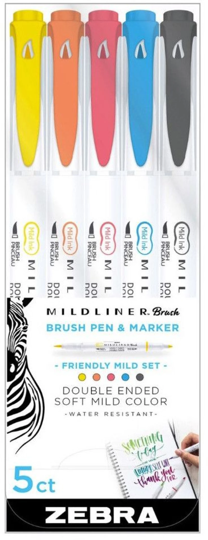 Zebra Mildliner Double Ended Brush Pen & Marker Bold & Fine Point 5 Pack Friendly Mild Set (ZB-79505) (ZEB79505)