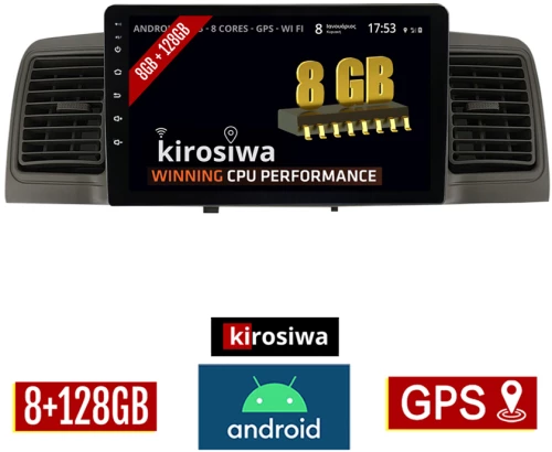 KIROSIWA 8GB + 128GB TOYOTA COROLLA (2000 - 2007) Android οθόνη αυτοκίνητου με GPS WI-FI με αεραγωγούς (ηχοσύστημα αφής 9" ιντσών Youtube Playstore MP3 USB Radio Bluetooth Mirrorlink DSP Apple Carplay Android Auto 4x60W)
