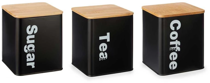 Δοχεία αποθ. μεταλλικό μαύρο/bamboo καπάκι 1,3l/15x11,5x36cm σετ /3