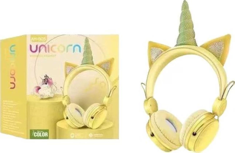 AH805 Unicorn Ασύρματα/Ενσύρματα On Ear Παιδικά Ακουστικά Κίτρινα